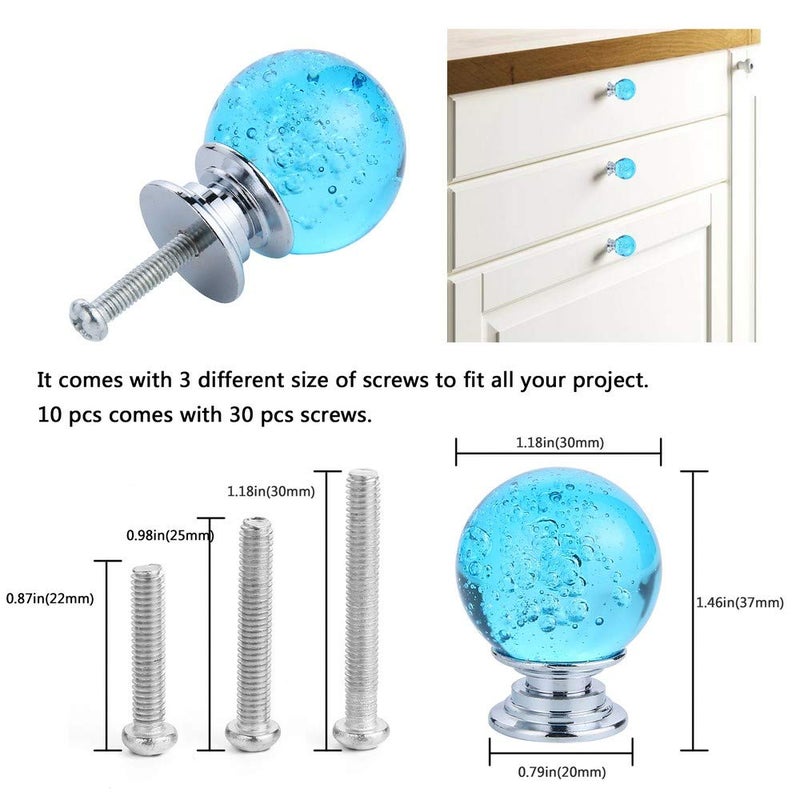 IEIK10 PCS Crystal Cabinet Knobs Azure Blue Round Glass Bubbles Knobs Smooth Drawer Pulls Handle for Home, Cabinet, Drawer and Dresser with 3 Different Size Screws, 30MM (Aqua Blue) - Image 3
